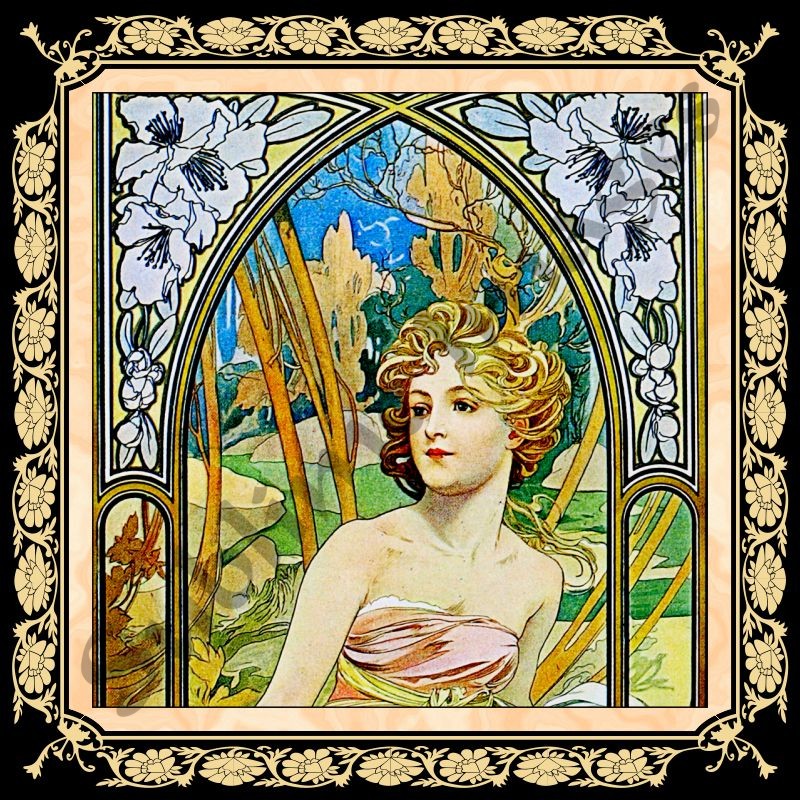 Alphonse Mucha Reproduction Ceramic tile 6"  inserted in wood framed 7.5X7.5" #3 