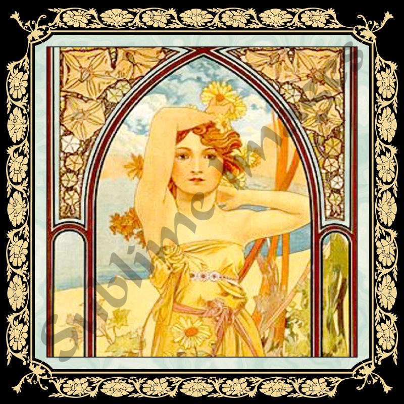 Alphonse Mucha Reproduction Ceramic tile 6"  inserted in wood framed 8"X8"  #1 